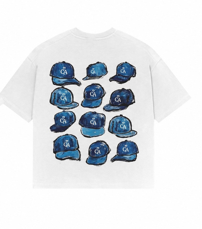 White Casetra T-shirt, back with twelve illustrated blue caps