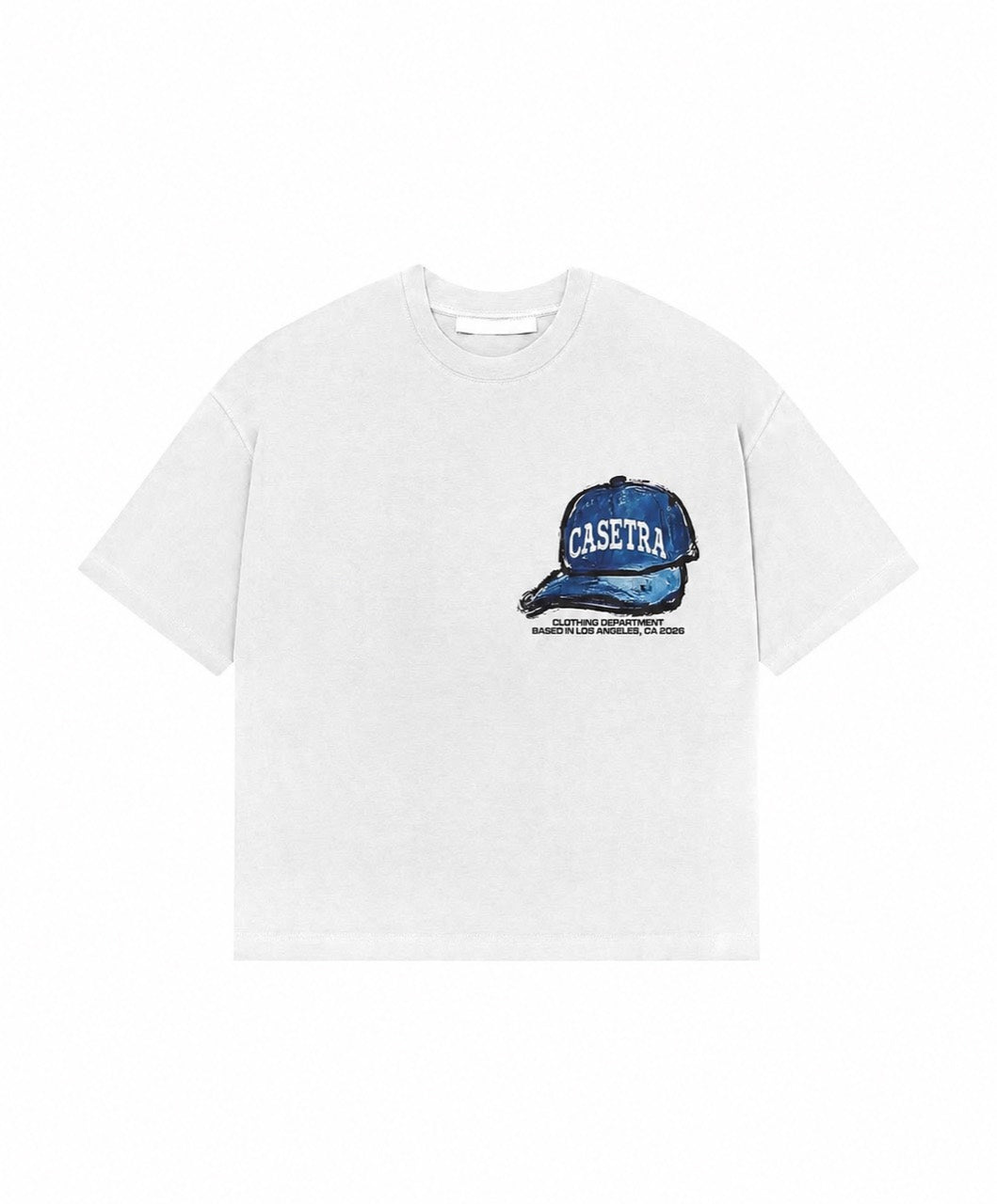 White Casetra T-shirt with navy artwork